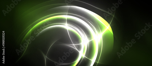 Abstract energy swirls, vibrant green glows, bright white lines. Dynamic composition creates futuristic feel. Dark background emphasizes luminosity.