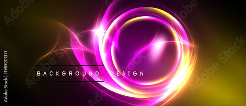 Bright neon circles radiate energy. Vivid purple, orange hues blend into dark background. Modern design element for digital projects.