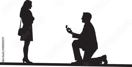 romantic proposal, marriage silhouette, couple in love, black vector icon, proposal moment