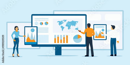 Business professionals analyzing data and collaborating with digital displays