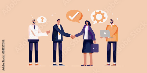 Business team collaborating and finalizing a deal with a handshake