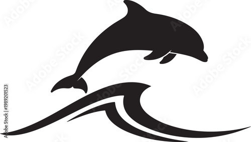 Black dolphin silhouette, jumping wave, ocean icon, sea creature, marine life