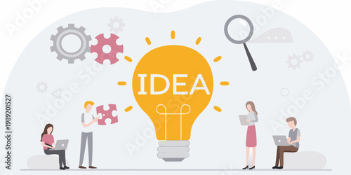 Bright idea concept with people collaborating and problem solving