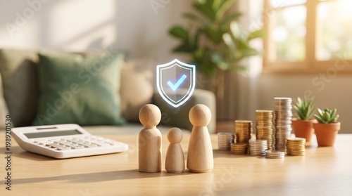 Family financial security concept with wooden figures coins calculator and shield icon on living room table