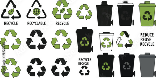 Recycling symbol collection with green and black trash cans, eco-friendly waste management icons, sustainable environment vector set for reduce reuse recycle campaigns