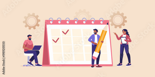 Planning and scheduling with a large pencil and calendar illustration