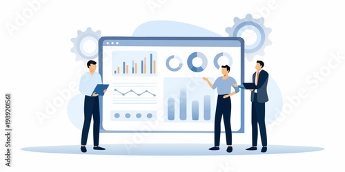 Business professionals analyzing data and discussing strategies near a large screen