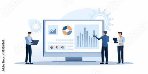 Business professionals analyzing data and charts on a large computer screen