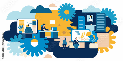 Illustration depicting remote work technology and business collaboration concepts