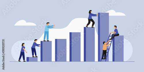 Teamwork and growth illustrated with people climbing bar graph structures