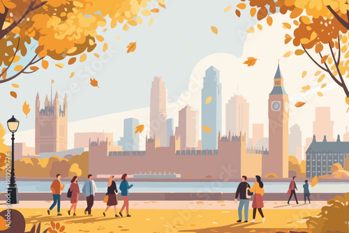 Cartoon autumn London scene with Big Ben, golden trees, people walking, and modern skyline.