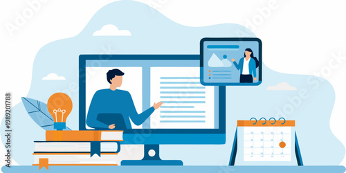 Online learning illustration featuring a teacher and student on screens