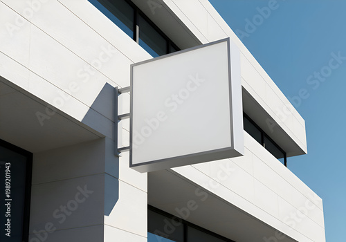 Empty white sign on modern building exterior angled against a clear blue sky. Blank signage mounted on a light-gray metal frame on the side of a modern business building.