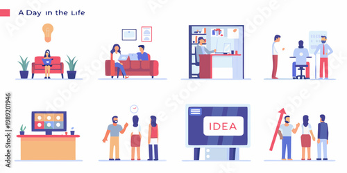 Illustrative scenes depict a typical workday and collaborative moments