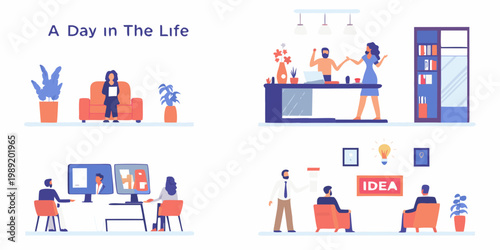 Illustrative scenes depict modern office life and collaborative work environments