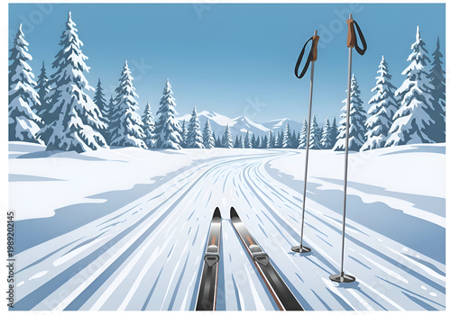 Winter ski trail in snowy forest with mountains in the background. Skis and poles positioned on a groomed trail, showcasing a serene winter scene.