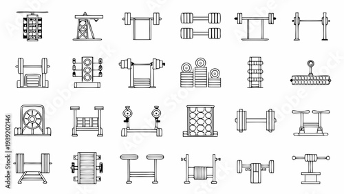Line art illustration of various gym equipment and weightlifting machines