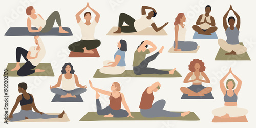 Diverse group of people practicing various yoga poses indoors