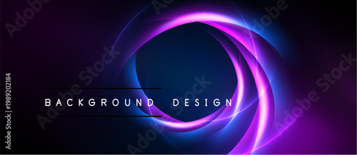 Dark background features vibrant neon swirls. Pink, blue hues create dynamic visual effect. Text reads background design.