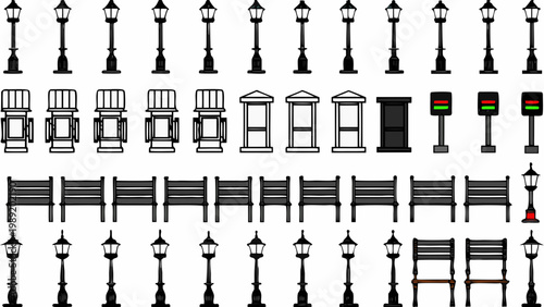 Collection of vector icons street lamps benches and city elements