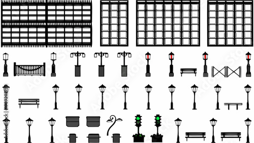 Collection of black and white city elements buildings lights and street furniture