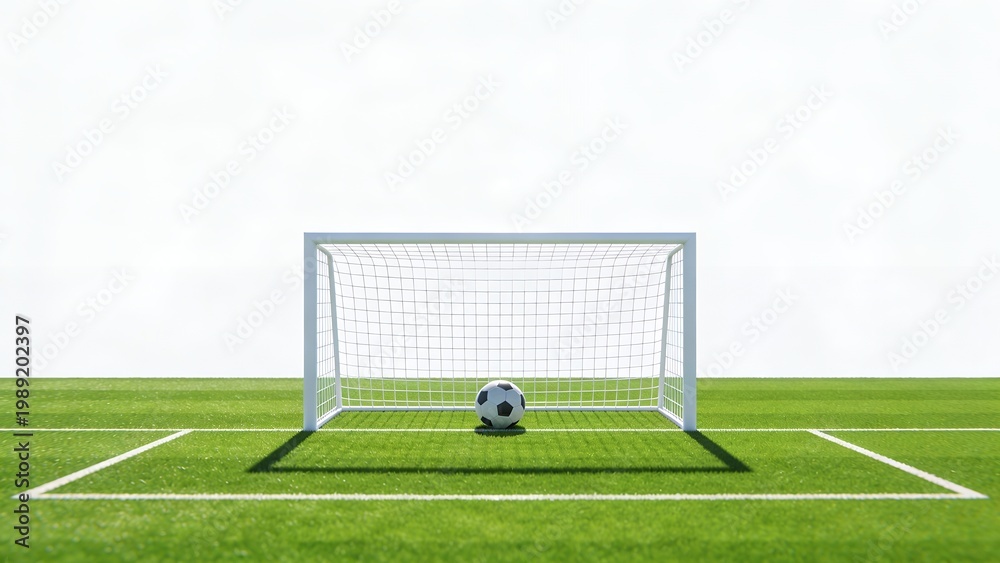Fototapeta premium Regulation Soccer Ball Inside White Goal on Green Artificial Turf Field