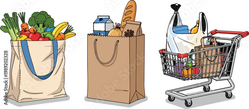 Grocery shopping bags and metal cart vector set, reusable fabric tote with fresh vegetables, brown paper bag with bread and milk, supermarket trolley with food supplies