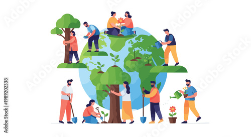 Eco-friendly people saving the planet earth, diverse volunteers planting trees and gardening, global environmental protection and reforestation concept vector