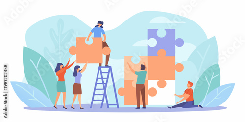 Teamwork and collaboration people fitting puzzle pieces together successfully