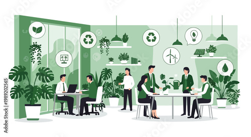 Sustainable green office environment vector, eco friendly corporate workspace with people, renewable energy and recycling business concept