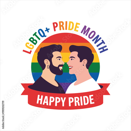 LGBTQ Pride Month Gay Couple Illustration with Rainbow Background – Happy Pride Love and Equality Concept