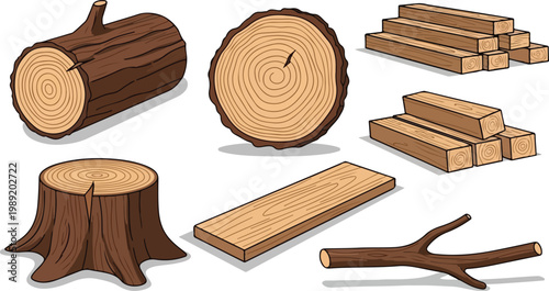 Wood timber logs and lumber planks set, brown tree trunk cross section with rings and bark, natural wooden stump and branch vector icons for forestry and carpentry industry