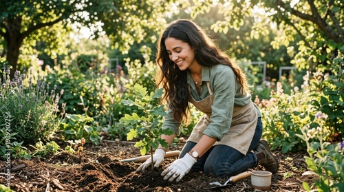 Young woman gardener working in the soil of a backyard vegetable patch