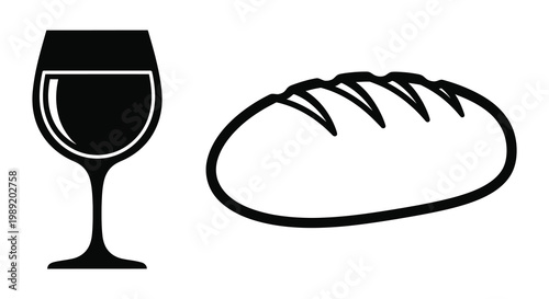 Still life depiction of wine and bread in black silhouette