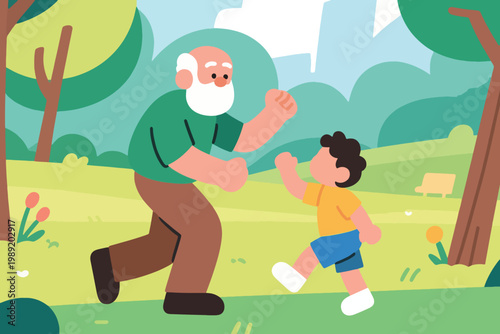Cartoon grandfather with white beard playing joyfully with child in sunny park with trees and bench.