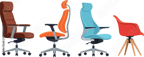 Modern office chairs vector collection ergonomic seating furniture swivel desk chairs isolated colorful illustration set bundle