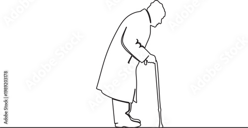 Continuous single line drawing of elderly man walking with cane representing aging support concept