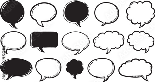 Speech bubbles, chat icons, dialogue symbols, black and white isolated on Transparent Background