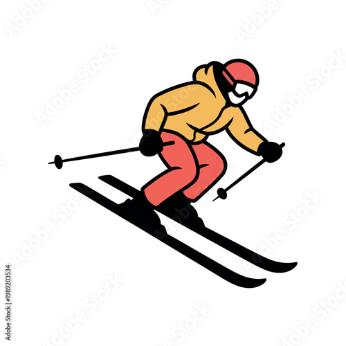 A cartoon skier in a yellow jacket and red pants is skiing down a mountain with ski poles.