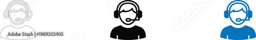 Customer Support and Telemarketing Concept, Set of Male Avatar Icons with Headset for Call Center, Technical Assistance and Online Communication Services in Minimalist Line Art Style