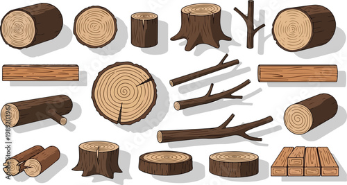 Natural wood logs and tree trunk slices collection. Brown timber branches, wooden stumps, and organic forest lumber elements. Flat vector set for carpentry and forestry.