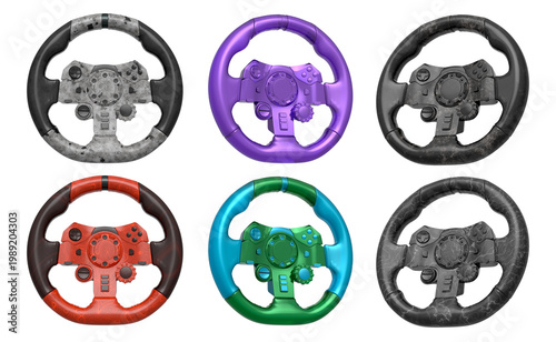 Set of racing game steering wheels isolated on white background with clipping path