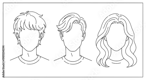 Hair styles line art set with three different hairstyles for men and women featuring drawing, illustration, vector with black and white and sketch