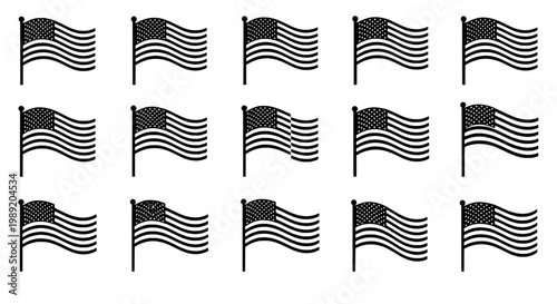 Flags waving icon pack with dotted stars and wavy stripes symbolizing patriotism and celebration in a clean vector style