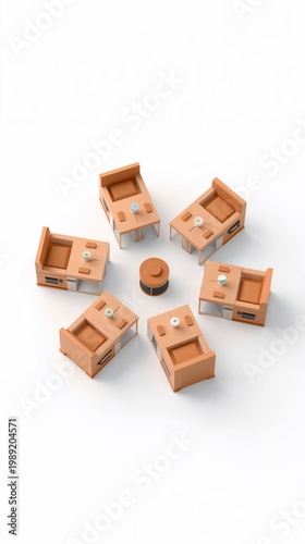 Miniature cafe tables and chairs arranged in a circle formation