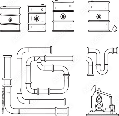 Oil barrels, pipes, and pumpjack
