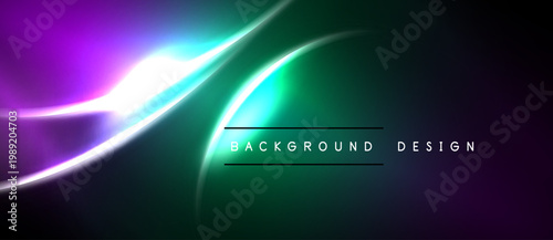 Abstract background features vibrant purple, teal, green gradients. Smooth curves create dynamic light effects, modern design element.
