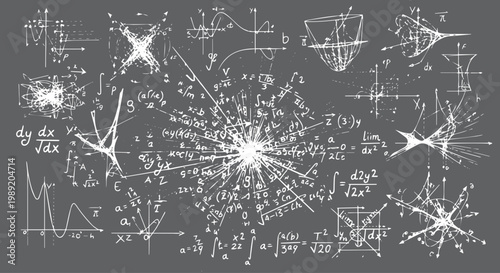 White mathematical formulas and graphs on dark background