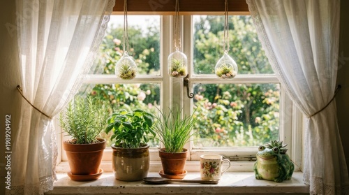 Fresh green herbs in pots on a sunny kitchen windowsill with white curtains