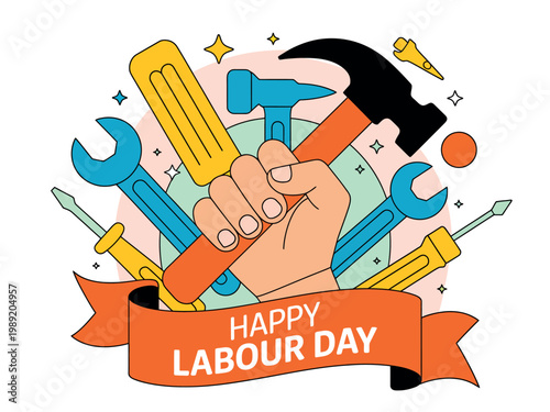 A colorful illustration of a hand holding tools celebrating Labour Day with a banner